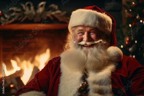 Friendly Santa Claus sitting next to a fireplace and smiling while looking at the camera.