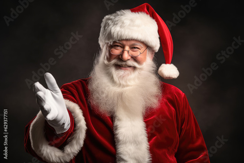 Advertising portrait of friendly Santa Claus looking and smiling at camera in studio production.