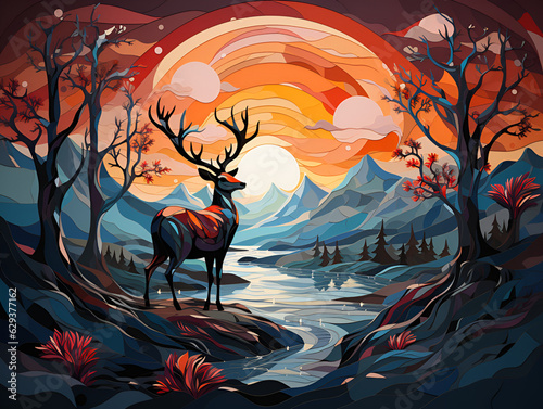 3d abstraction modern wall art decor wallpaper with blue and golden deer animal with sunset mountain and trees illustration background, Ai Henerative
