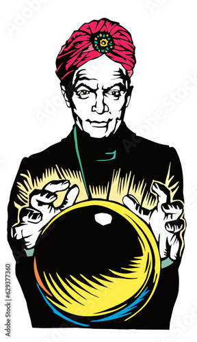 psychic swami fortune teller gazing intently into crystal ball