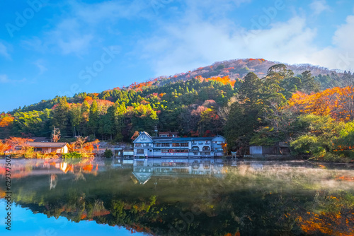 Yufuin, Japan - Nov 27 2022: Lake Kinrin is one of the representative sightseeing spots in the Yufuin area, situated at the foot of Mount Yufu. It is a small lake with a perimeter of about 400 meters.