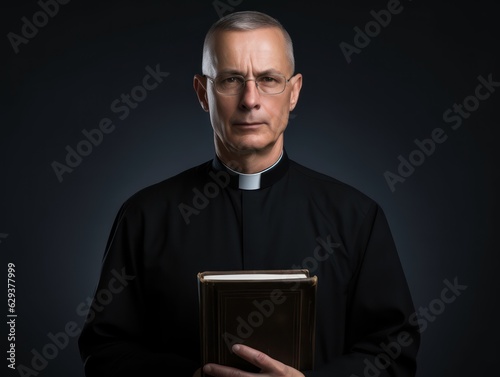 Fotografiet a catholic christian church priest wearing black cassock robe holding the holy bible book in his hands