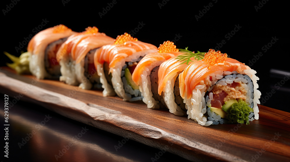Japanese Cuisine Perfection. A Sushi Roll Displayed on a Stone Board Japanese Cuisine Perfection. A Sushi Roll Displayed on a Stone Board