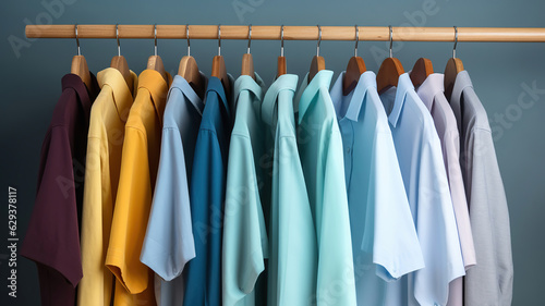 Several shirts in various colors are gracefully displayed on hangers against a color backdrop