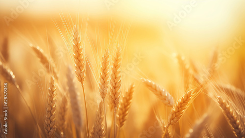 Golden wheat field basks in the sunlight as the sun rises behind it