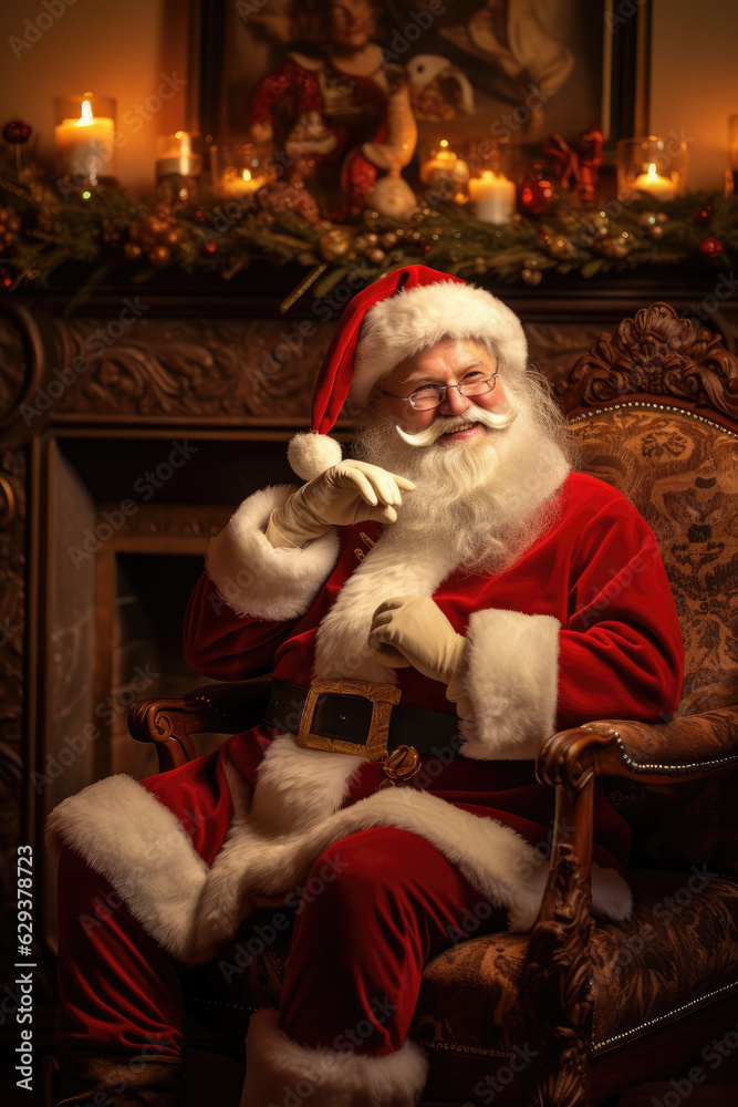 Friendly Santa Claus sitting next to a fireplace and smiling while looking at the camera.