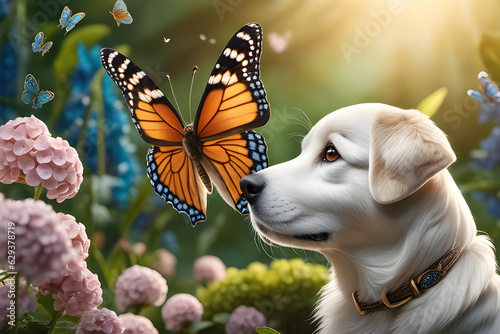 a puppy looking at a butterfly. Generative AI