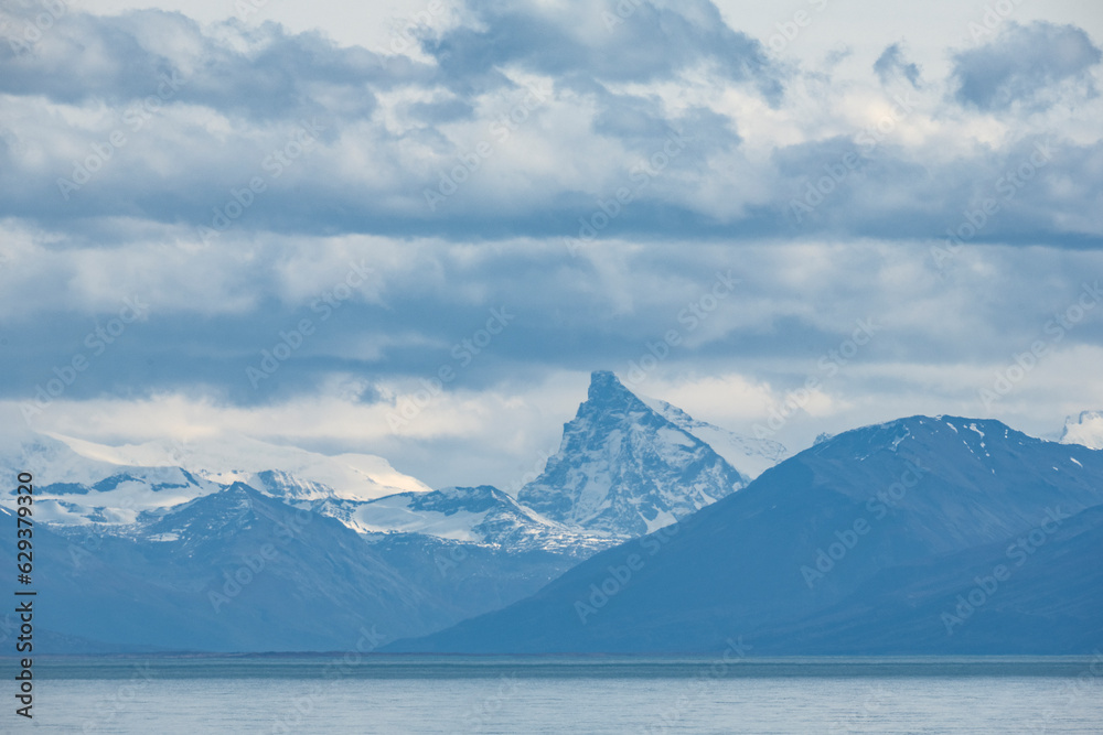 Lake Viedma in Santa Cruz, Argentine Patagonia with mountains in the background. In blue tones.