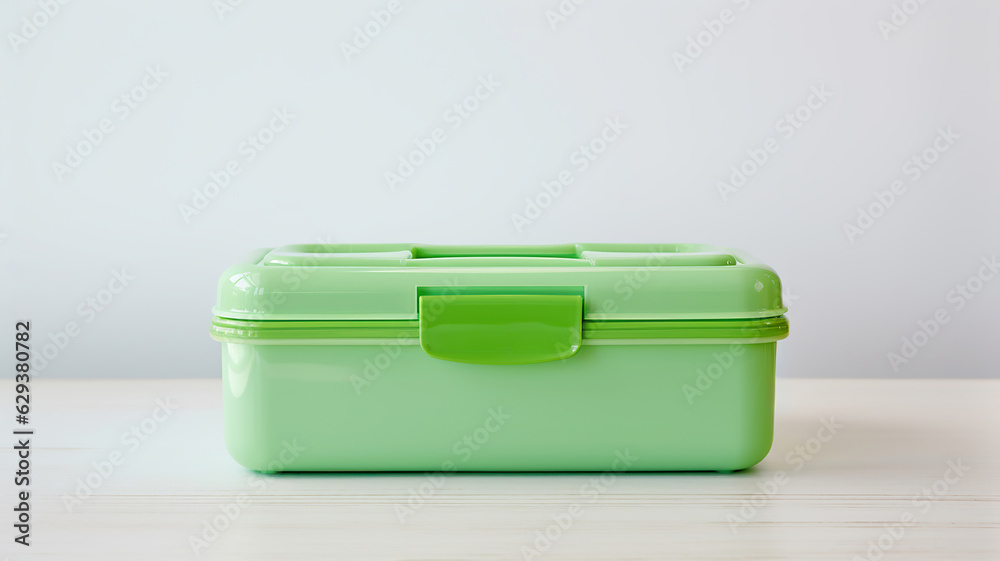 Meal neatly packed in a green plastic container within a lunch box Meal neatly packed in a green plastic container within a lunch box