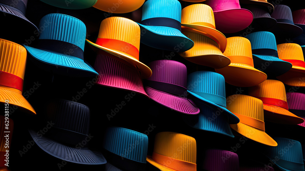 Fototapeta premium Colorful hats stacked on a wall