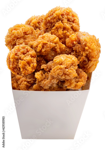 Fried chicken, Nugget and French fries in paper bucket isolated on white background, Fried chicken on white PNG File.