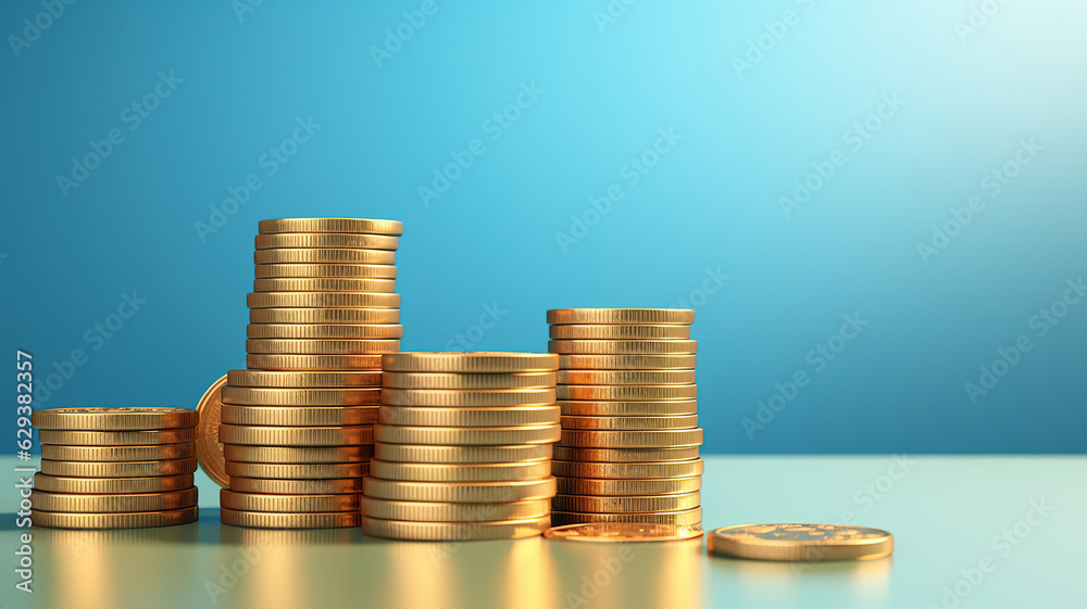 Coins Falling onto a Towering Stack of Gold against a Blue Background Coins Falling onto a Towering Stack of Gold against a Blue Background