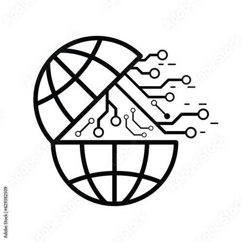 Digital circuit come out of separated world icon. Open digital world concept. Vector illustration outline flat design style.