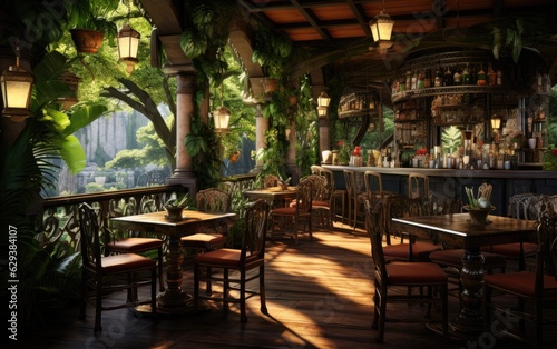 A wooden design restaurant in the sunset jungle.