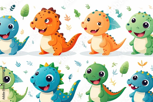 Seamless set of funny cartoon dinosaurs.