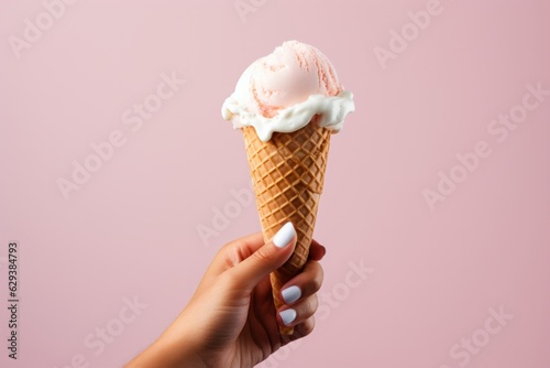 Photo of an ice cream cone being held by a hand against a vibrant pink background created with Generative AI technology
