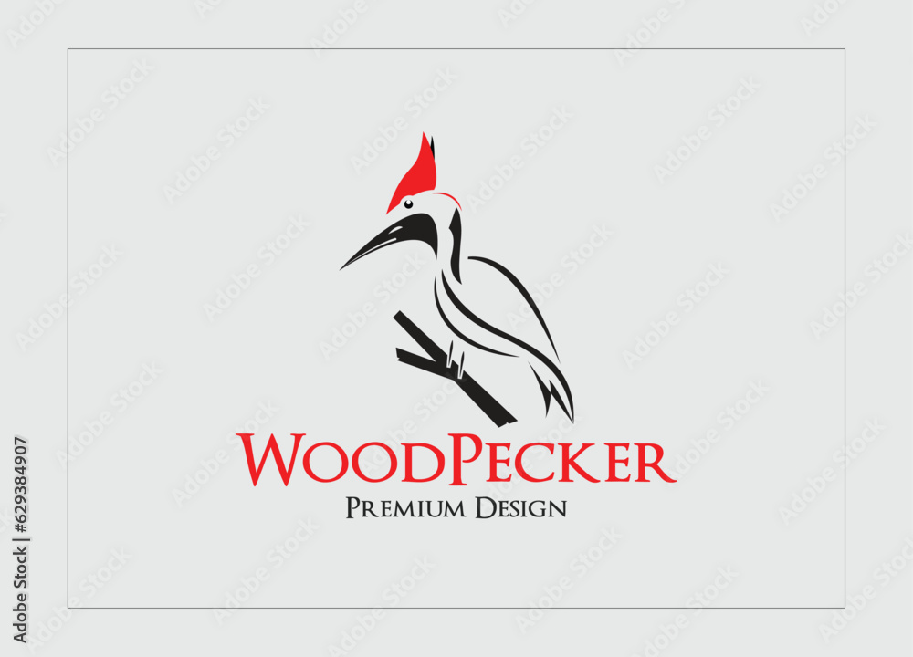 Vector illustration woodpecker bird logo on branch silhouette vector logo design with white background Vector illustration woodpecker bird logo on branch silhouette vector logo design with white background