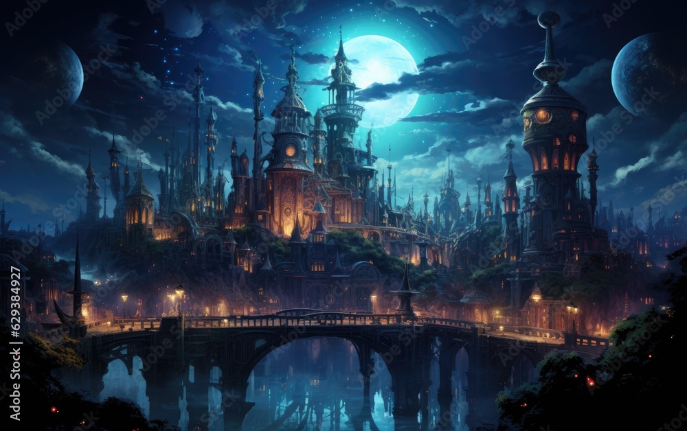 Halloween background with castle with moon.

