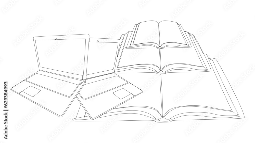 One continuous line of Laptop with books. Thin Line Electronic Education Illustration vector concept. Contour Drawing Creative ideas. One continuous line of Laptop with books. Thin Line Electronic Education Illustration vector concept. Contour Drawing Creative ideas.