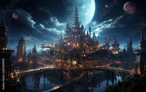 Halloween background with castle with moon.