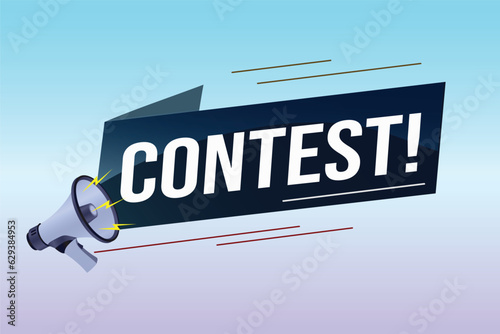 contest megaphone loud speaker design for ribbon banner poster. lettering with geometric shapes lines. advertising Vector illustration modern alert typographic blue color design template.	