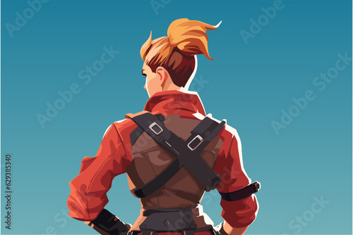 Female hero warrior video game character art, strong badass military woman from shooting war game back view vector isolated illustration avatar