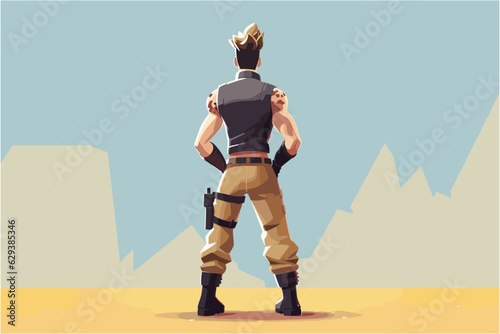 Male hero warrior video game character art, strong military ops badass man from shooting game standing back view vector isolated illustration avatar
