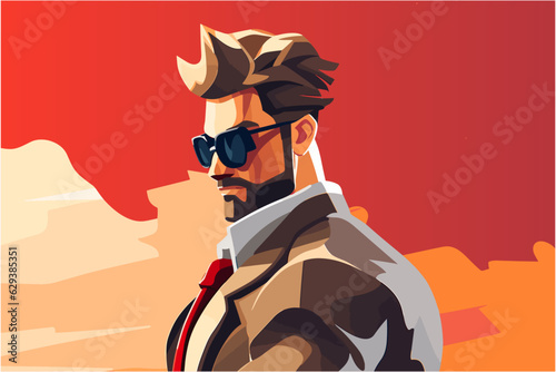 Male cool hero secret agent video game character art, badass man in sunglasses and suit spy action game avatar vector isolated illustration avatar