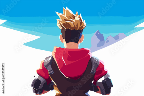 Male hero warrior video game character art, strong military ops badass man from shooting game standing back view vector isolated illustration avatar