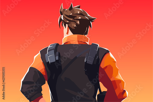 Male hero warrior video game character art, strong military ops badass  man from shooting game standing back view vector isolated illustration avatar