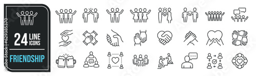 Friendship minimal thin line icons. Related friends, team, care, togetherness. Editable stroke. Vector illustration.