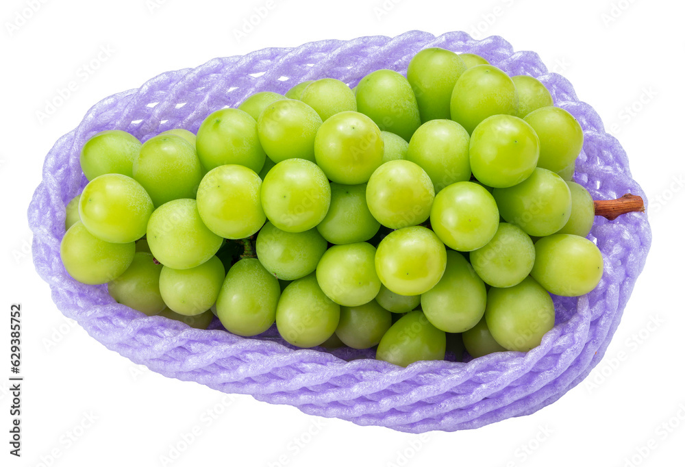 Shine Muscat Grape in packaging isolated on white background, Green grape with leaves PNG File. Shine Muscat Grape in packaging isolated on white background, Green grape with leaves PNG File.