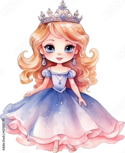 Cute princess girl watercolor illustration. Generative AI