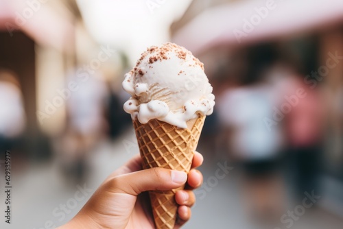 Photo of a hand holding a delicious ice cream cone with chocolate sprinkles created with Generative AI technology