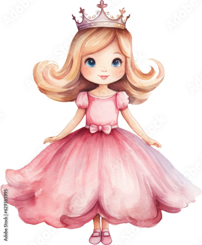 Cute princess girl watercolor illustration. Generative AI