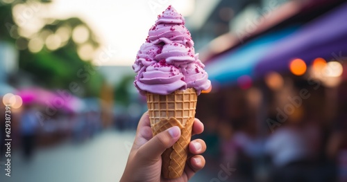 Photo of a hand holding a delicious ice cream cone with purple sprinkles created with Generative AI technology