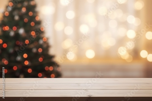 Leerer Holztisch, weihnachtlich geschmückter Tannenbaum mit Lichterkette im verschwommenen Hintergrund, Platz für Warenpräsentation oder Text