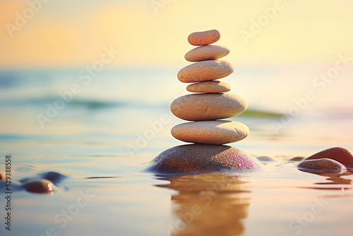 Stack of zen stones standing on the beach