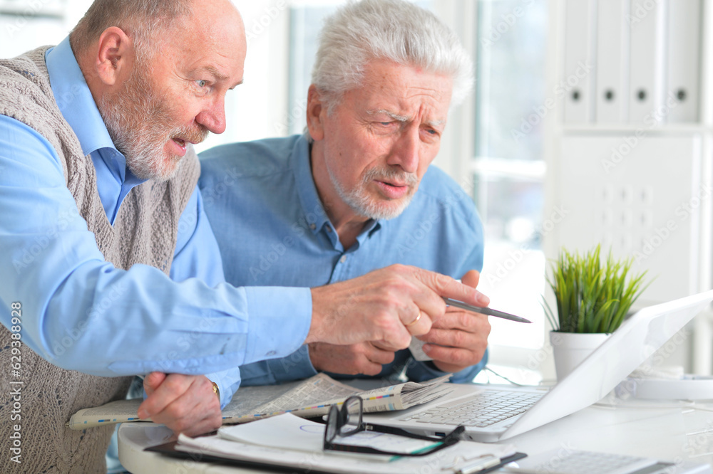 Portrait of elderly people working together in with laptop Portrait of elderly people working together in with laptop