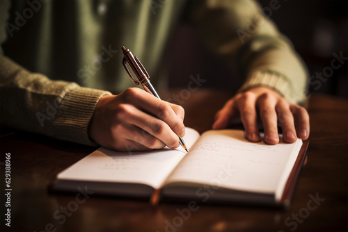 Close up of young man hands writing notes