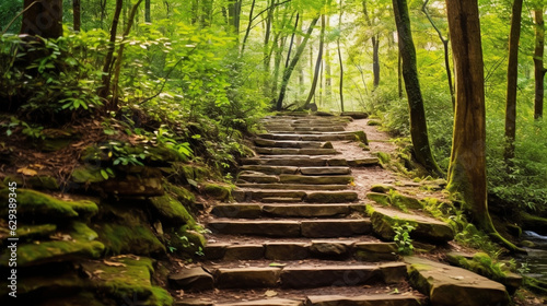 Hiking trails in the mountains  curved natural stone steps