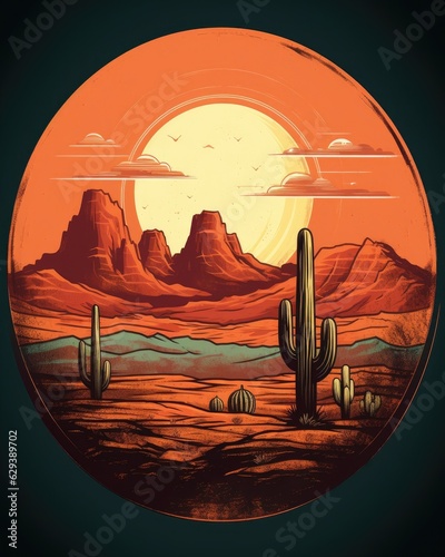 A cactus stands in the foreground as the sun sets over mountains. (Generative AI)