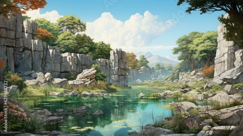 There is a painting of a rocky landscape with a pond and trees. (Generative AI) © HandmadePictures