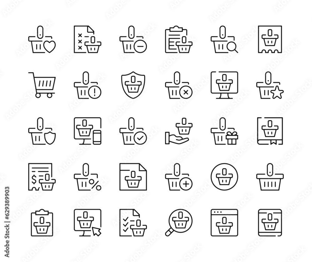 Shopping basket icons. Vector line icons set. Shopping cart concepts. Black outline stroke symbols Shopping basket icons. Vector line icons set. Shopping cart concepts. Black outline stroke symbols
