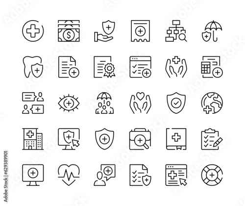Health insurance icons. Vector line icons set. Medical insurance concepts. Black outline stroke symbols