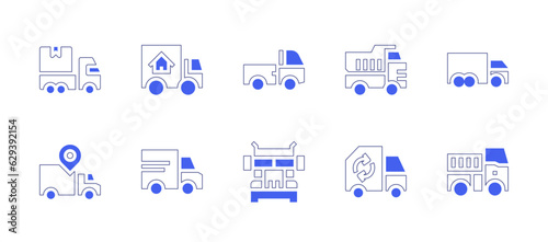 Truck icon set. Duotone style line stroke and bold. Vector illustration. Containing delivery truck, moving truck, mini truck, truck, lorry, container.