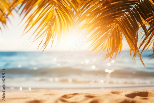 Beautiful background for summer vacation and travel. The golden sand of the tropical beach, blurry palm leaves, and bokeh highlights on the water © JetHuynh