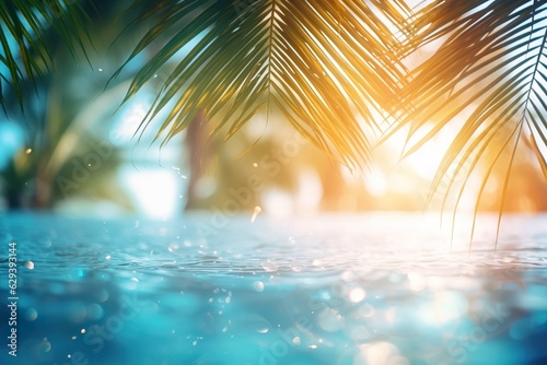 Beautiful background for summer vacation and travel. The golden sand of the tropical beach, blurry palm leaves, and bokeh highlights on the water