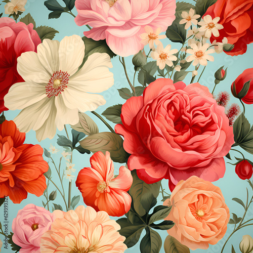 seamless background with roses,pink,tulip,leaf,AI generated