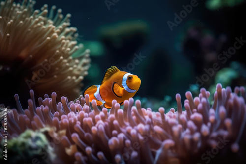 Colorful clownfish swim among vibrant coral in tropical reef, adding life to underwater world. Lively and vibrant colors abound